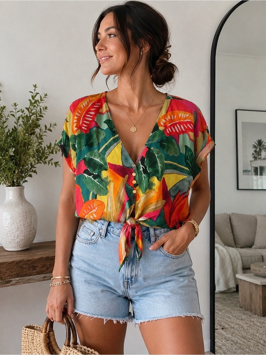 Zara Tops - Zara Tie Front Top Multicolor Tropical Blouse XL